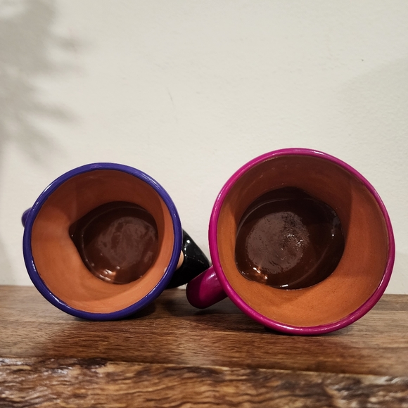 Artisan Hand Painted Mexican Folk Art Terracotta Face Mugs Set of 2 - Picture 8 of 8